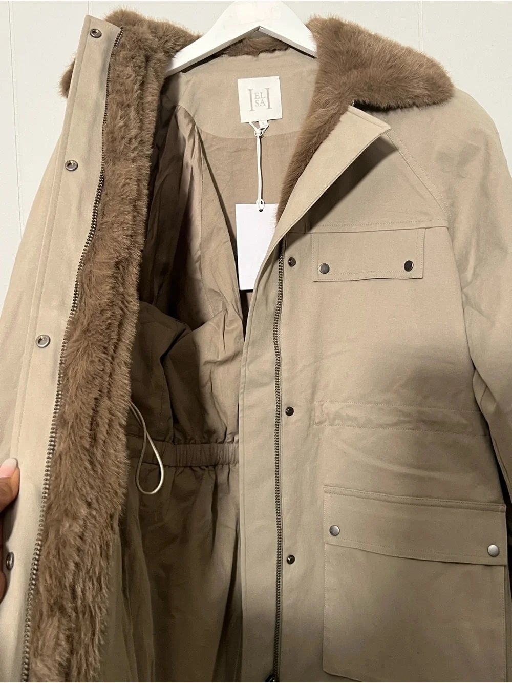 Helsa  The Balmoral Jacket With Faux Fur Trim in Khaki